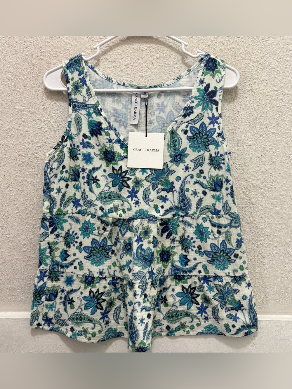 Grace + Karma Blue and Green Floral Tiered Tank Top NWT Small